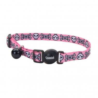 Coastal Safe Cat Fashion Adjustable Breakaway Collar 3/8 In WD x 8-12 In LG Skulls - Pink