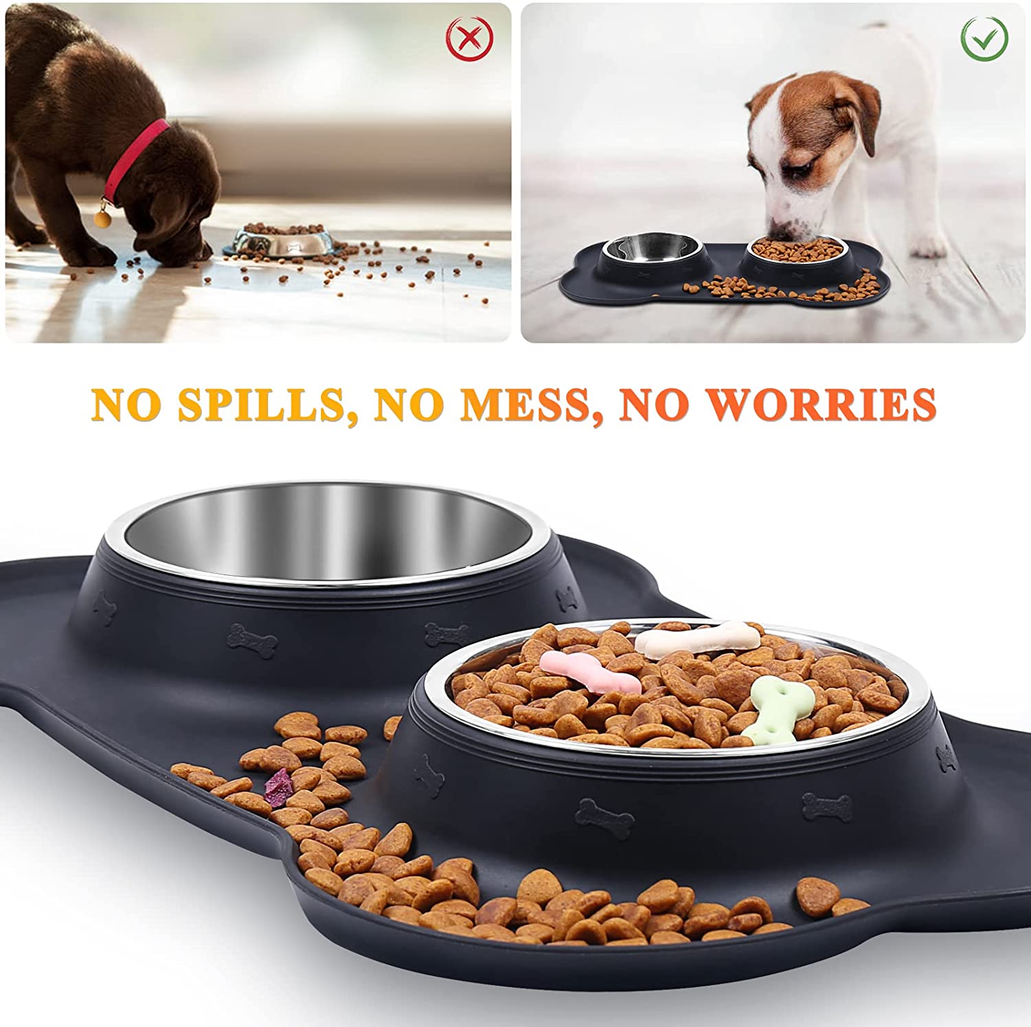 VIVAGLORY Dog Bowls with Non Spill/Skid Resistant Silicone Mat